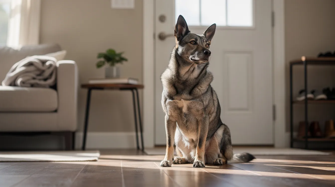 A mixed-breed dog sits alertly by a front door in a quiet apartment living room, with its ears perked up, possibly indicating some separation anxiety as it awaits its owner's return. The dog's attentive posture suggests it may be experiencing anxiety related to the owner's absence, a common issue in many dogs.