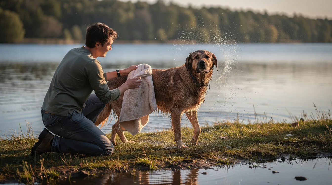 A person is drying a large dog with a towel outdoors near a lake, ensuring the dog's coat is completely dry to prevent skin irritation and developing hot spots. The scene captures the importance of maintaining a healthy skin barrier for the furry friend, especially in warm weather.