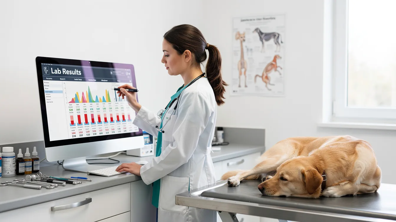 A veterinarian is intently reviewing lab results on a computer screen while a dog, possibly dehydrated, rests on an exam table nearby. The scene highlights the importance of blood tests in assessing the dog's health, including potential issues like kidney disease and dehydration.