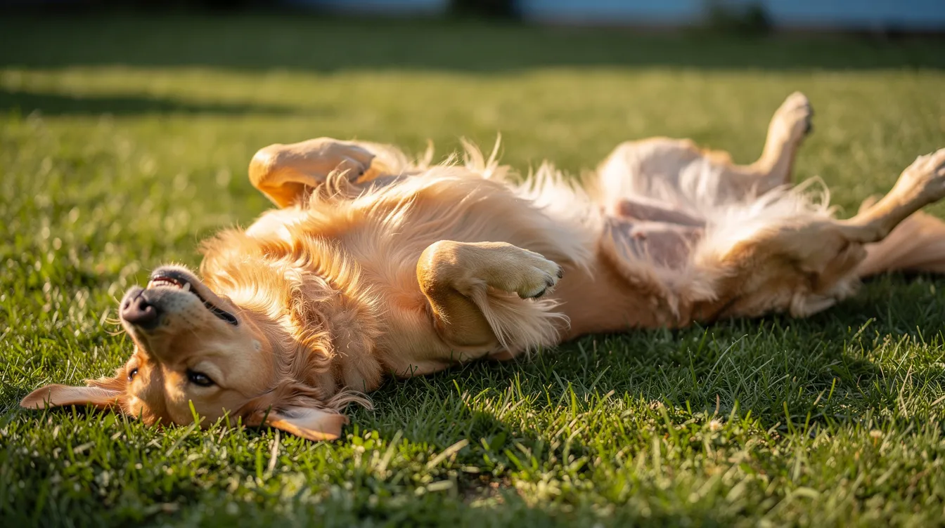 A golden retriever lies on its back in the grass, exposing its belly to the warm sunlight, which can help regulate its body temperature in hot weather. The dog's relaxed posture suggests it's enjoying a comfortable rest while keeping cool on a sunny day.