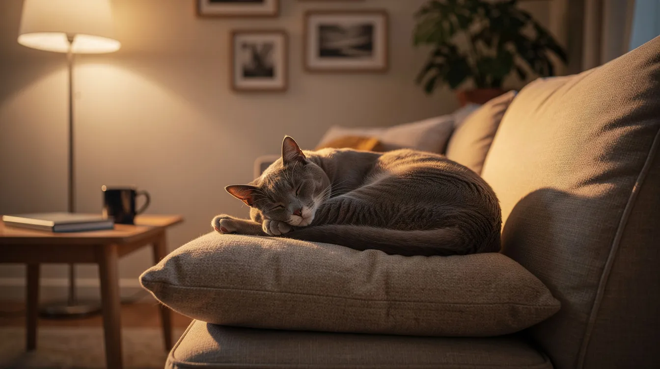 A calm cat is resting comfortably on a soft cushion in a cozy living room, showcasing its healthy skin and fur. The serene environment reflects the cat's comfort, which is essential for maintaining good skin health and preventing issues like itchy skin or skin infections.