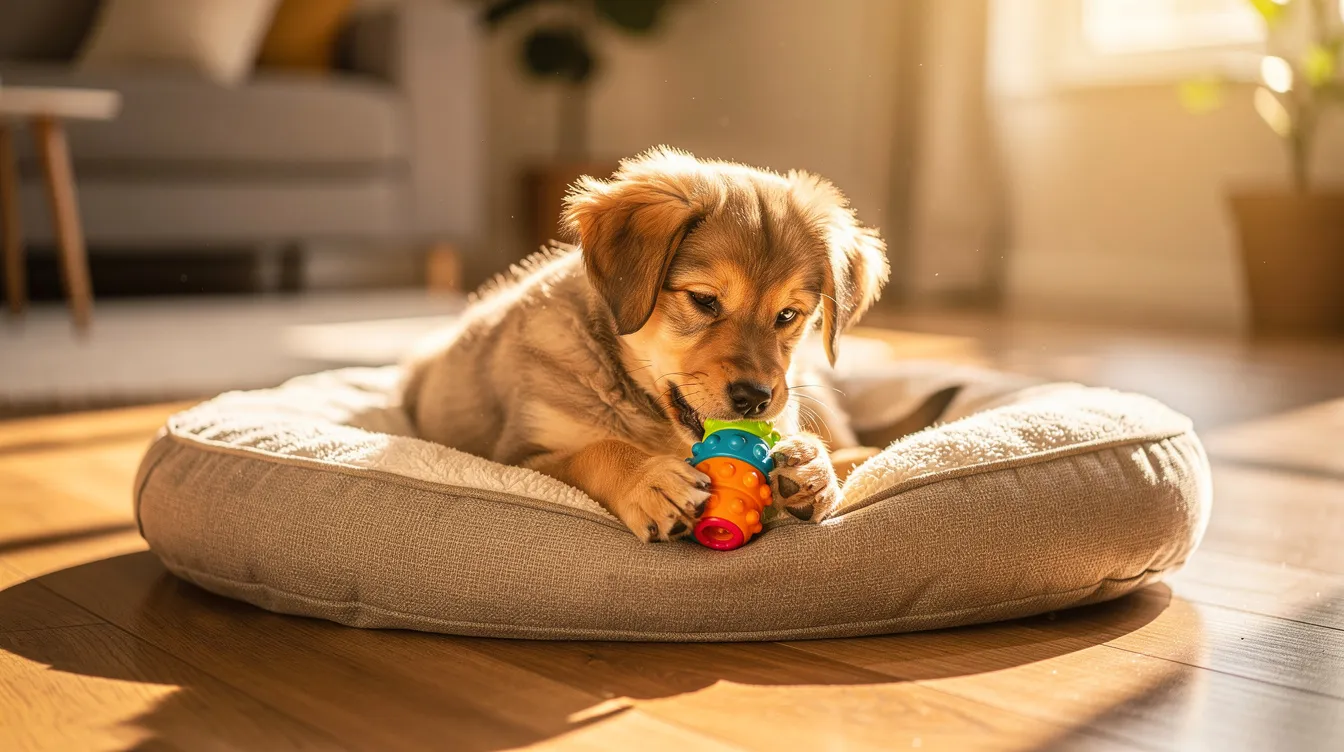 A young puppy is peacefully resting on a dog bed in a sunny room, happily chewing on a rubber toy. This scene highlights the importance of providing mental stimulation to prevent separation anxiety in dogs, ensuring a calm and content dog's life.