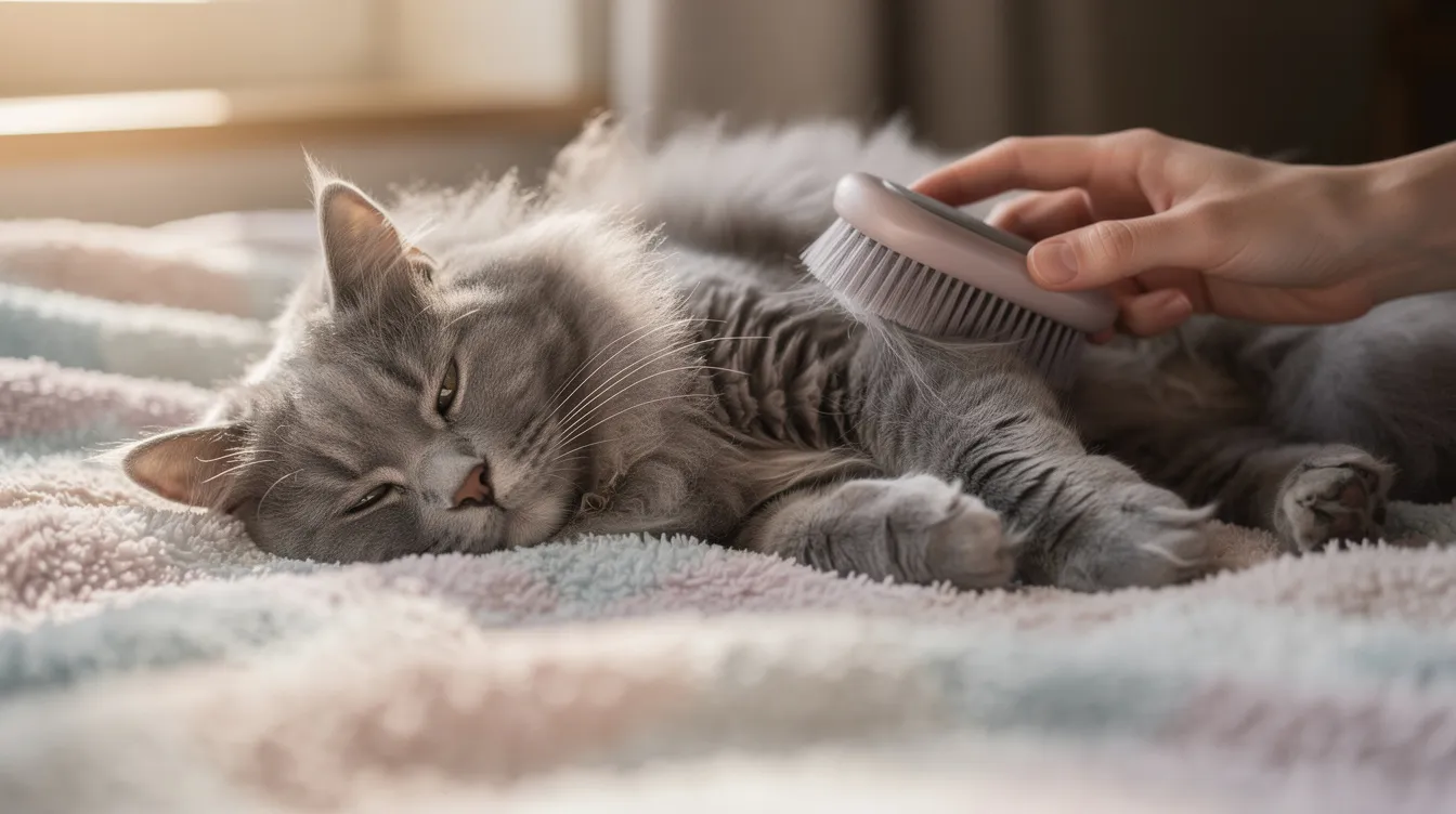 A person is gently brushing a fluffy grey cat on a soft blanket, promoting the cat's comfort and skin health through regular grooming. This soothing interaction can help prevent itchy skin and skin infections, ensuring the furry friend maintains healthy skin and overall well-being.