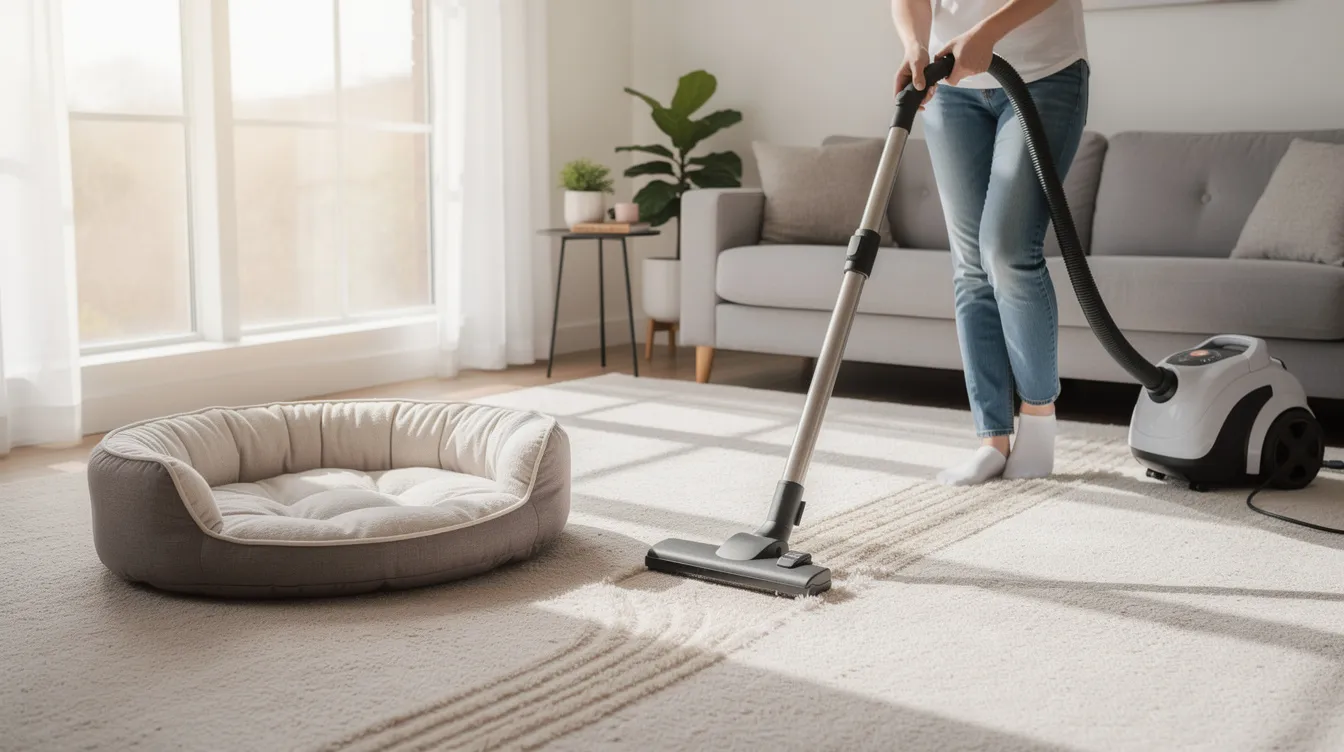 A person is vacuuming a carpet in a bright living room, with a round pet bed nearby, ensuring a clean environment that helps prevent flea infestations in pets. The vacuuming action also aids in removing flea eggs and flea dirt that may be present in pet bedding.