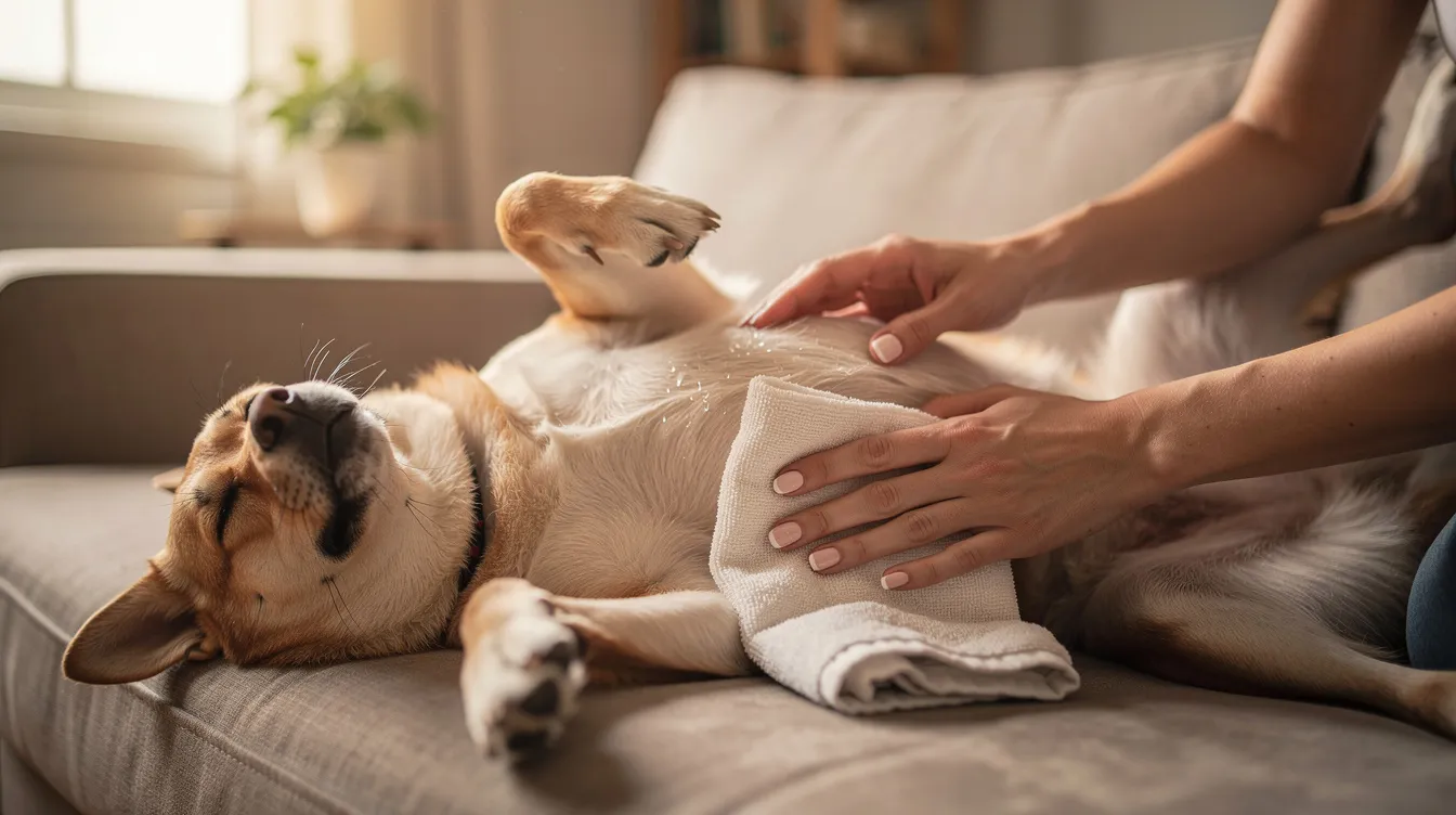 A person is gently placing a damp cloth on a resting dog's belly to help cool it down, as the dog's body temperature may be elevated due to hot weather. The dog appears relaxed, indicating it is receiving comfort and care during the warm conditions.
