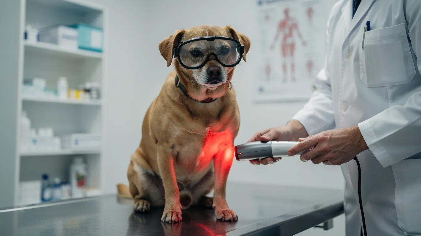 A small dog wearing protective goggles sits calmly as a veterinarian holds a red light therapy wand near its knee joint in a clinic. This non-invasive treatment aims to promote healing and relieve pain associated with soft tissue injuries and joint pain, utilizing therapeutic light to improve blood circulation and support the pet's recovery process.