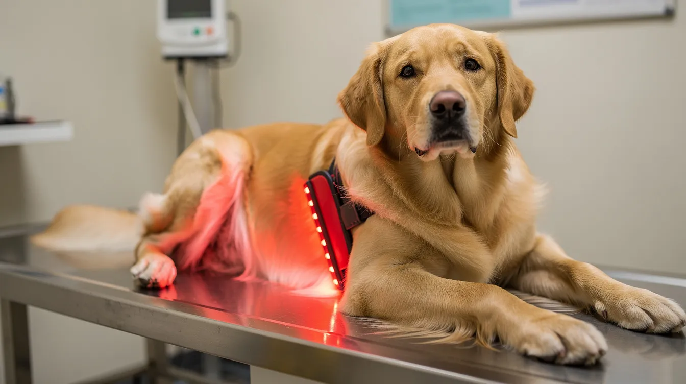 A golden retriever lies calmly on a veterinary table, with a soft, glowing red light therapy pad applied to its hip area, promoting healing and pain relief for potential soft tissue injuries. This non-invasive treatment utilizes therapeutic light to support the dog's recovery and improve blood circulation.