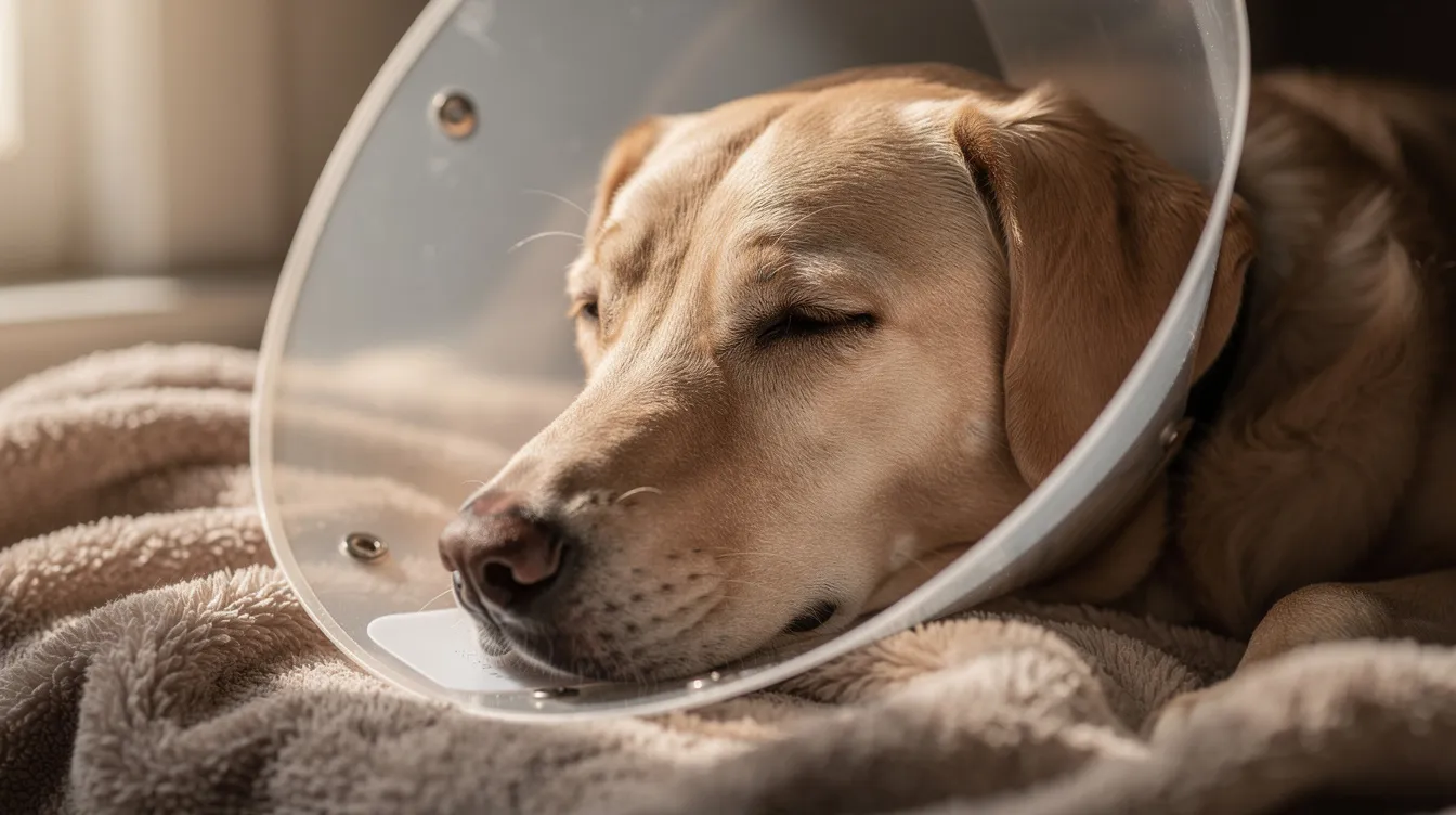 A calm dog rests on a soft blanket while wearing a clear Elizabethan cone collar, which helps prevent excessive licking of its irritated skin. This protective collar is important for managing skin conditions like hot spots, ensuring the dog's comfort and aiding in the healing process.