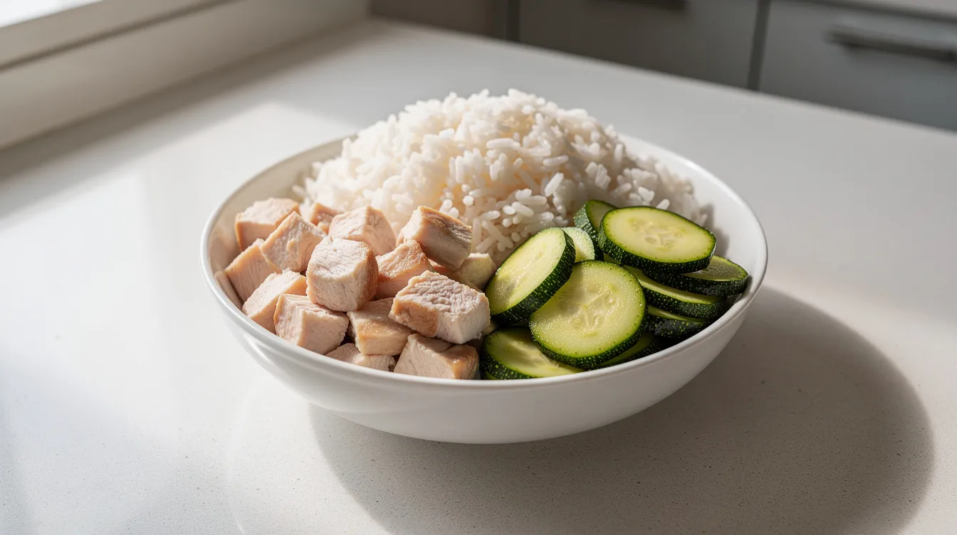 A small white bowl on a kitchen counter contains cooked white rice, diced plain chicken, and sliced zucchini, representing a homemade diet that may support a dog's kidney health. This meal is suitable for dogs with kidney disease, focusing on easily digestible ingredients to aid in their nutritional requirements.