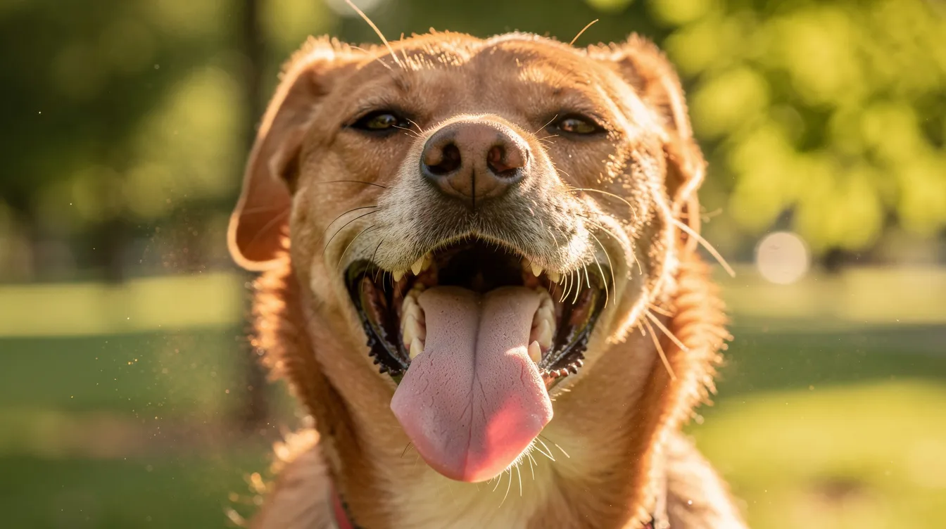 A dog is panting heavily outdoors on a warm day, with its tongue hanging out, indicating it may be trying to cool down from the hot weather. This heavy panting can be a sign of increased body temperature, and it's important to ensure the dog has access to fresh water and shade to prevent overheating.