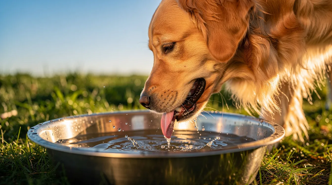 A golden retriever is happily drinking water from a large metal bowl outdoors on a warm sunny day, showcasing the importance of hydration for the dog's health to prevent issues like kidney disease and dehydration. The scene highlights a well-hydrated dog enjoying fresh water, essential for maintaining proper kidney function and overall well-being.