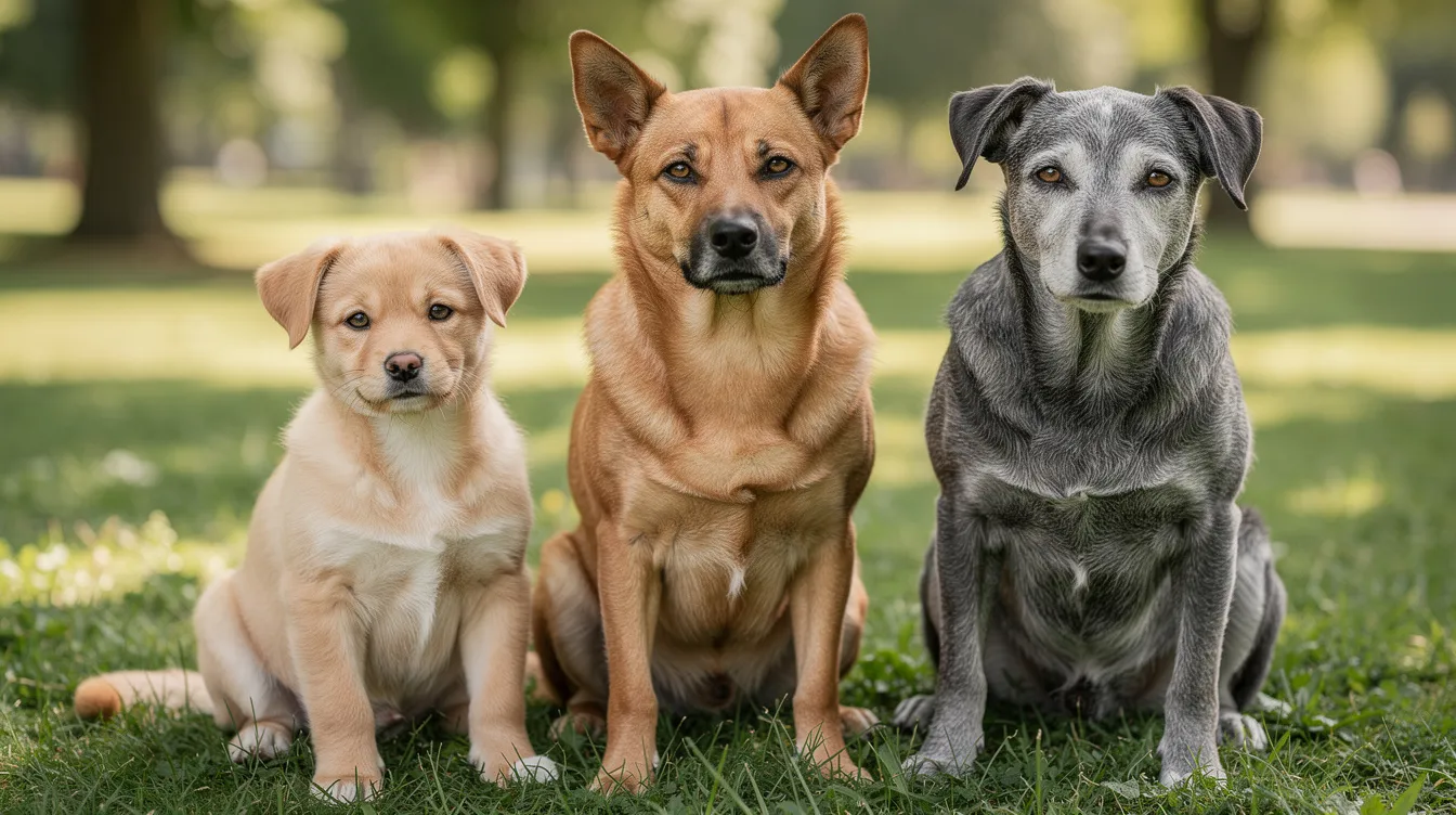 Three dogs of varying ages, including a playful puppy, a mature adult dog, and a senior dog with gray fur, are sitting together on lush green grass, embodying the joy of companionship. This image highlights the importance of wellness dog food that caters to different life stages, ensuring that each dog receives the nutrition they need for a happy and healthy life.