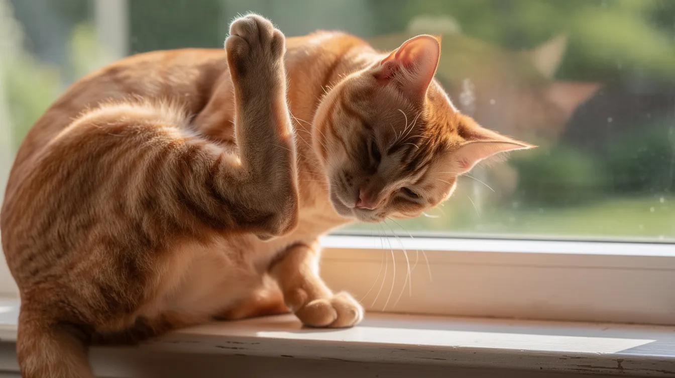 A close-up view of an orange tabby cat sitting on a windowsill, scratching behind its ear, which may indicate potential skin issues such as itchy skin or allergies. The cat's comfortable posture highlights the importance of regular grooming and maintaining healthy skin to prevent infections and discomfort.