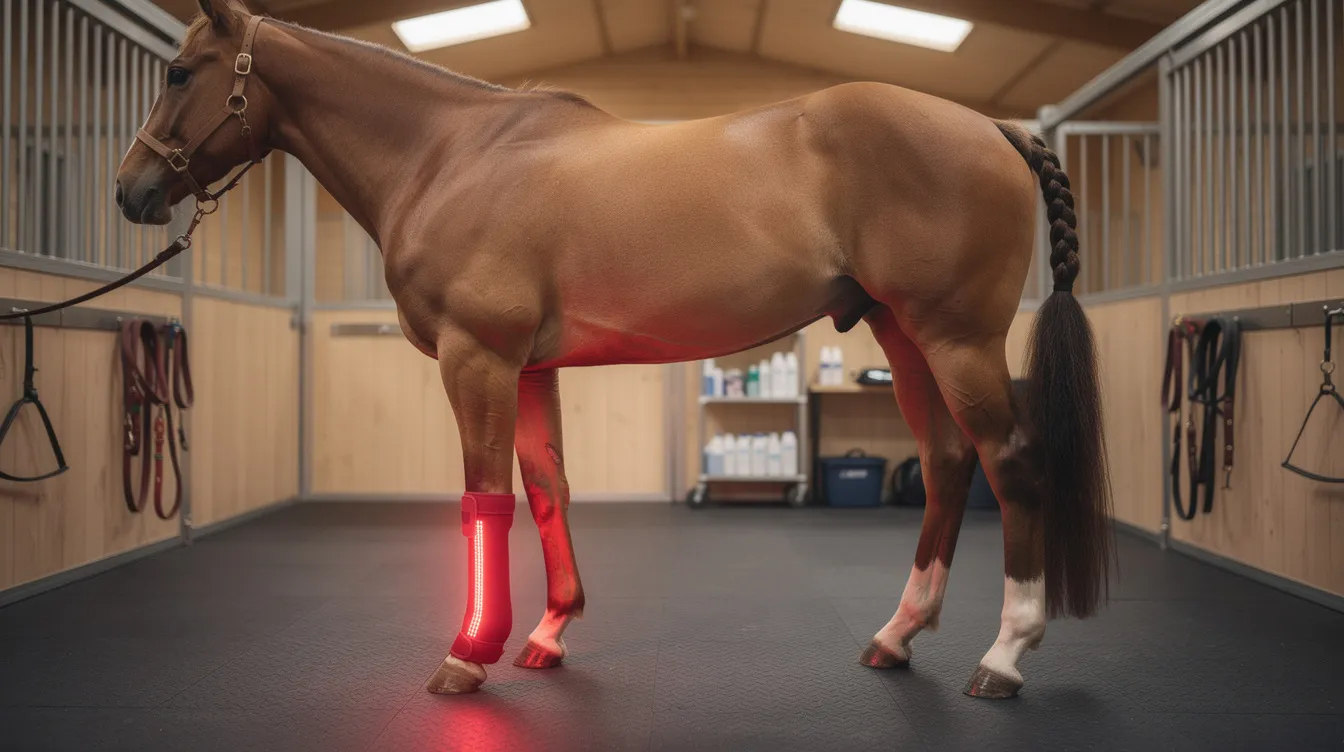 A horse stands calmly in a stable, with a red light therapy wrap securely placed around its lower leg tendon area, promoting healing and reducing inflammation. This non-invasive treatment uses therapeutic red light to improve blood circulation and support the healing process for soft tissue injuries.