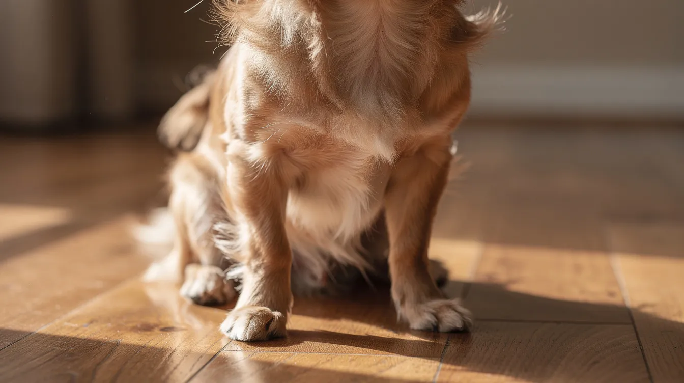 A small dog is sitting on a hardwood floor, scratching behind its ear, potentially indicating a flea problem. Pet owners should be aware that excessive scratching can be a sign of dog fleas or flea allergy dermatitis, and it's important to use effective flea treatments to prevent future infestations.
