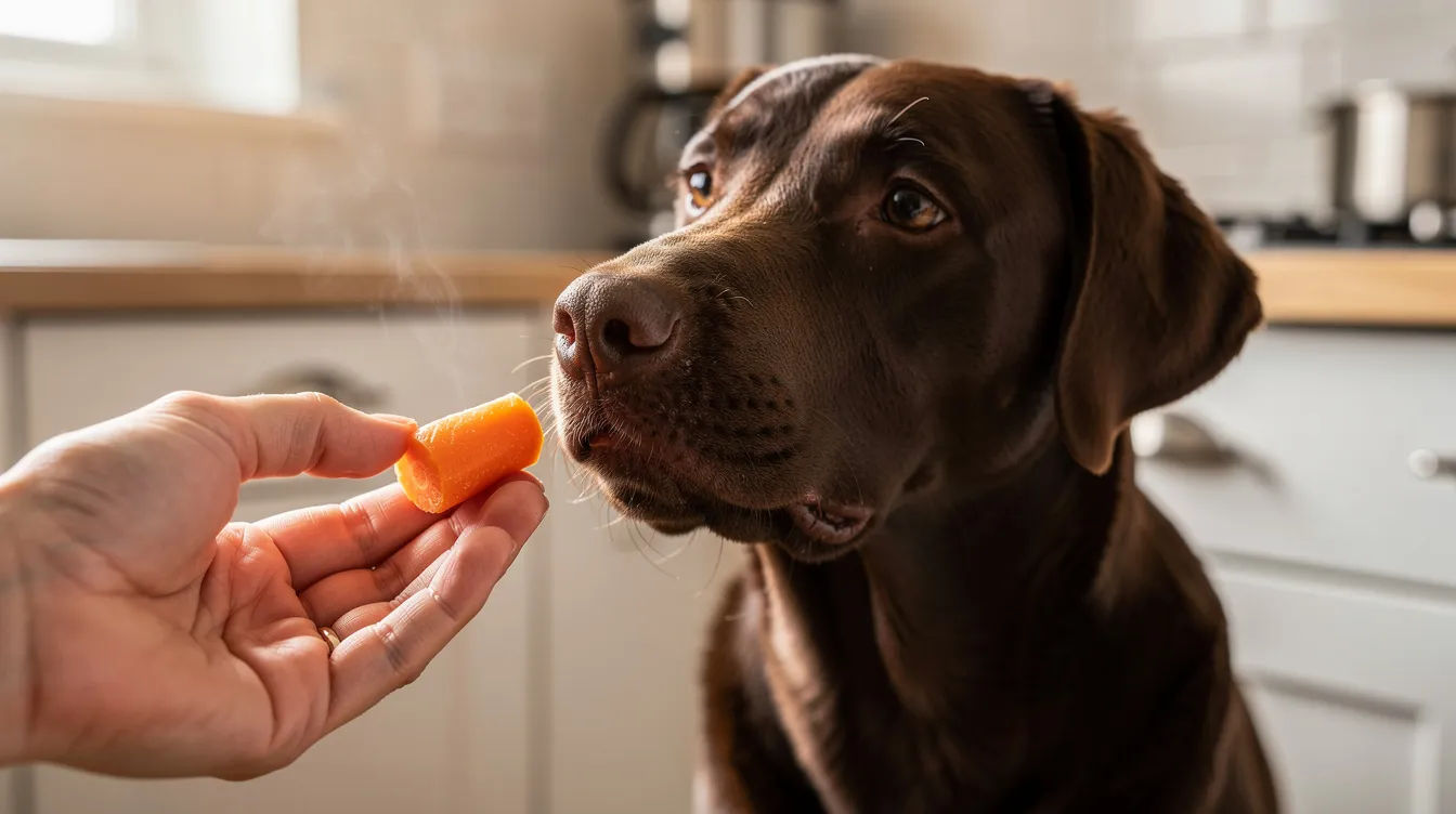 A person's hand is offering a small piece of steamed carrot to a brown Labrador in a kitchen setting, emphasizing a supportive approach to the dog's diet, particularly for those managing kidney disease. This scene highlights the importance of healthy treats in maintaining the dog's kidney health and overall wellness.