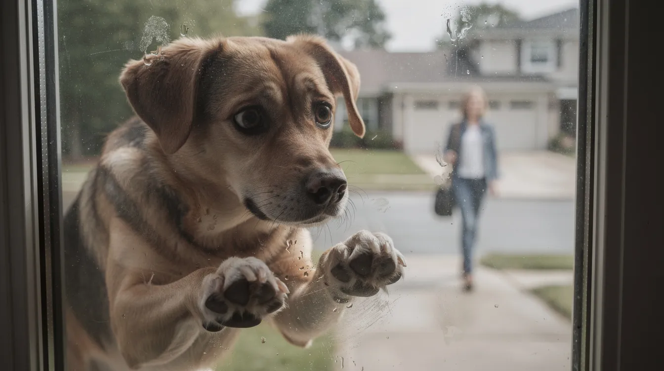 A worried-looking dog with its nose pressed against a glass door displays signs of separation anxiety as it watches its owner walk away down the driveway, highlighting the emotional distress many dogs experience during their owner's absence. This scene captures the dog's anxiety and the potential need for behavior modification or separation anxiety treatment.