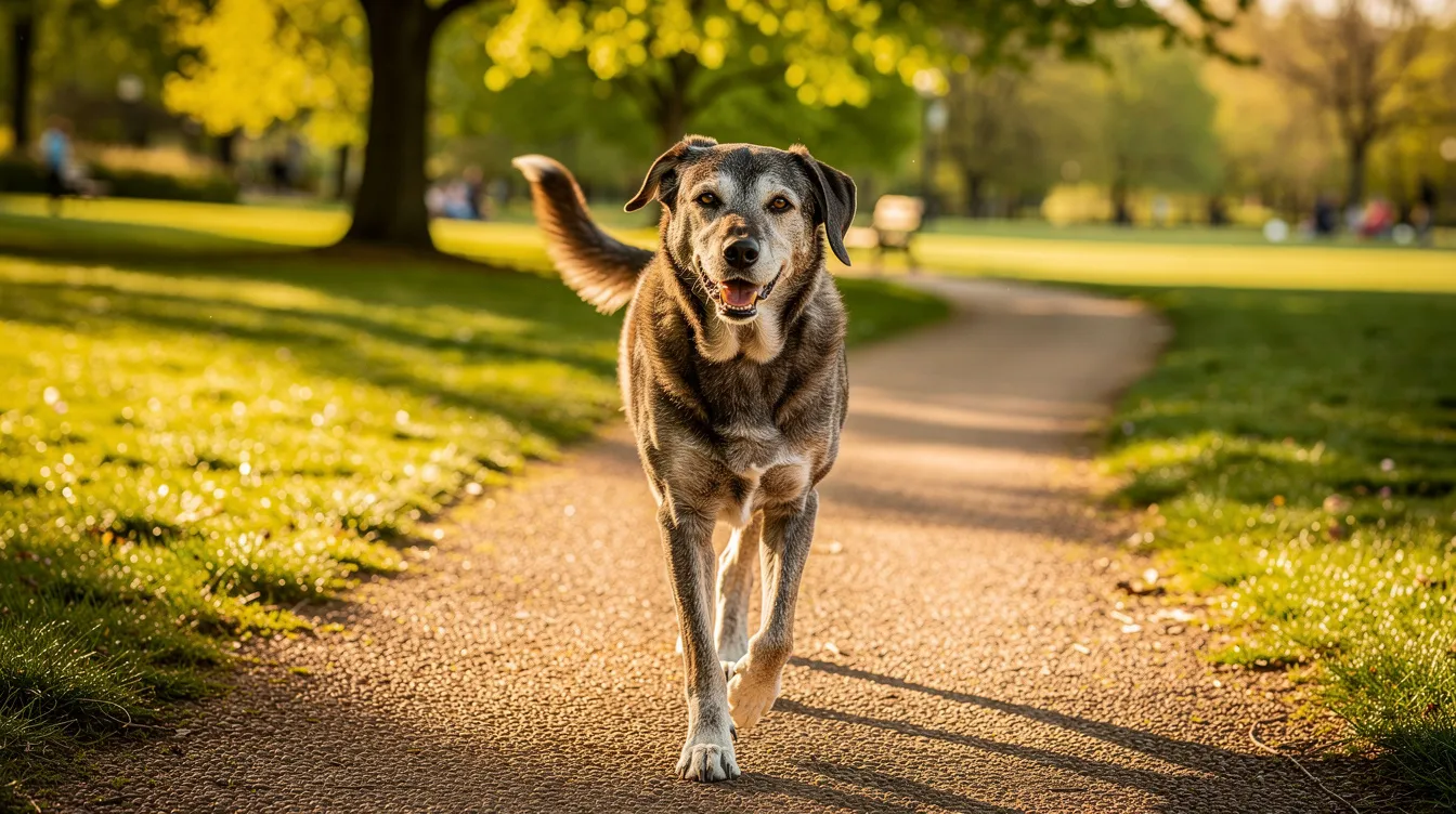 A senior dog is happily walking along a park path on a sunny day, enjoying the fresh air and gentle breeze. This joyful scene highlights the importance of maintaining a pet's quality of life, which can be supported through treatments like red light therapy, promoting healing and pain relief for various conditions.