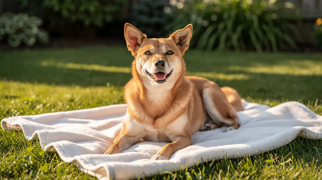A happy, healthy dog is lying on a clean blanket in a sunny backyard, enjoying the warmth of the sun. Pet owners should ensure their dog's coat is free of visible fleas and flea dirt to prevent flea infestations and maintain their pet's well-being.
