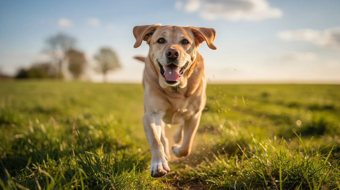 A joyful senior Labrador is running freely through a lush, green field under the bright sun, embodying the vitality and happiness that comes with a healthy lifestyle. This scene highlights the importance of wellness dog food and nutrition for pets, ensuring they enjoy their golden years with energy and joy.
