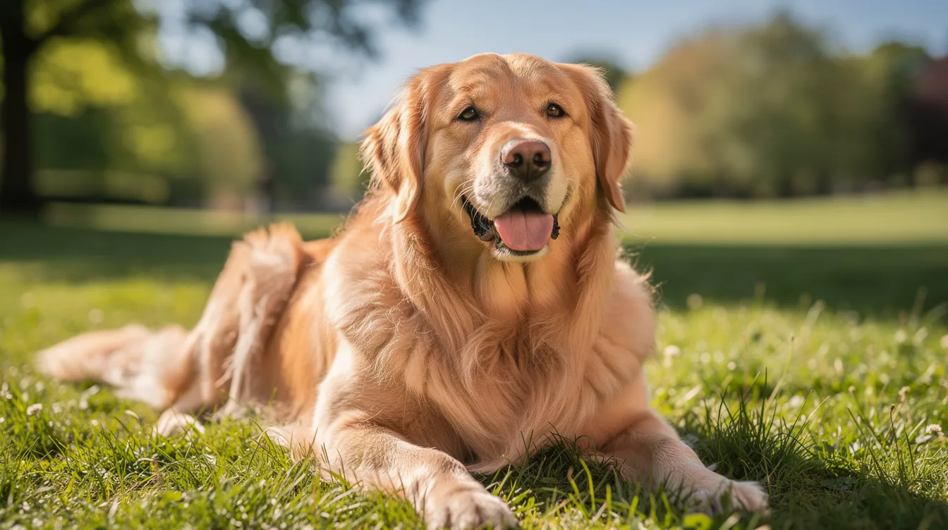 A Golden Retriever with a thick coat is lying comfortably in lush green grass on a sunny day, showcasing its healthy skin and fur. The warm weather is perfect for this breed, known for being prone to skin conditions like hot spots, which can develop from excessive licking or moisture trapped in their thick coat.